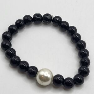 Bohemian Black Glass Beaded Chunky Bangle Bracelet 7in